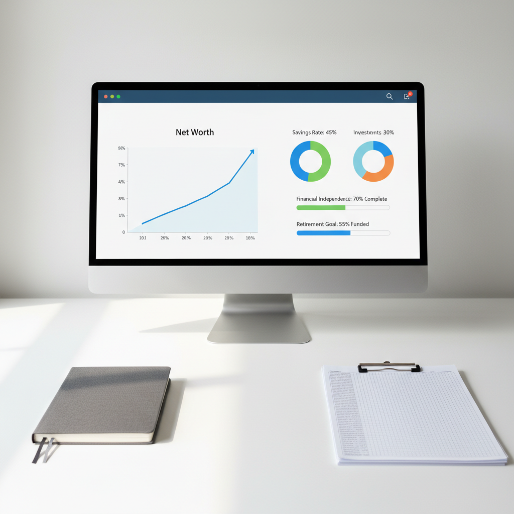 A meticulously organized financial dashboard displayed on an ultra-thin, matte-finish monitor sits on a minimalist white desk, featuring a prominent net worth line graph rising steadily over several years, colorful savings rate pie charts, and clearly labeled progress bars toward financial independence. Beside the monitor, a closed graphite-gray notebook and a tidy stack of printed spreadsheets add tactile detail. Soft, diffused daylight from the left creates subtle shadows and a refined glow across the scene. Shot straight-on at eye level with sharp focus throughout, the composition feels balanced and professional. The photographic style is clean and modern, evoking clarity, discipline, and quiet confidence in managing money with precision and long-term vision.