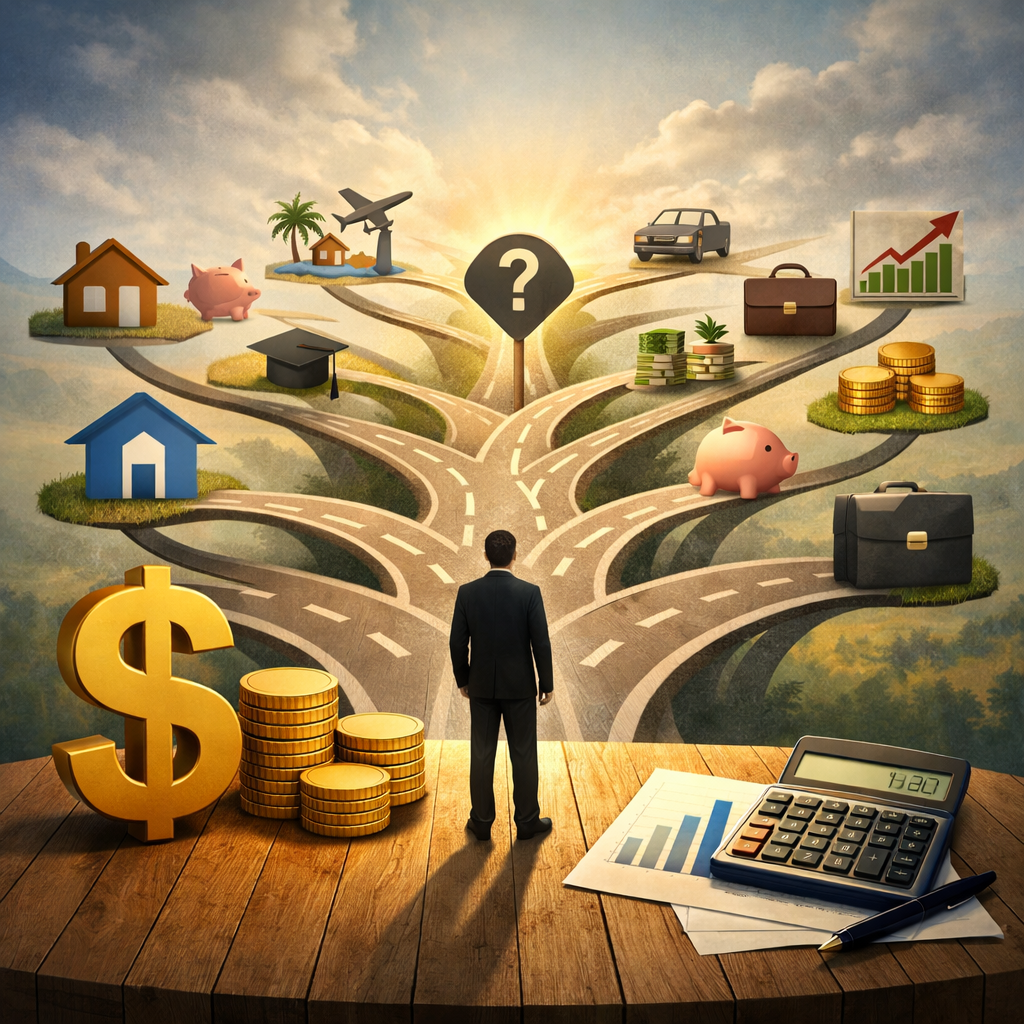 Businessman facing diverging roads with icons of houses, piggy banks, car, money stacks, briefcases, and growth chart