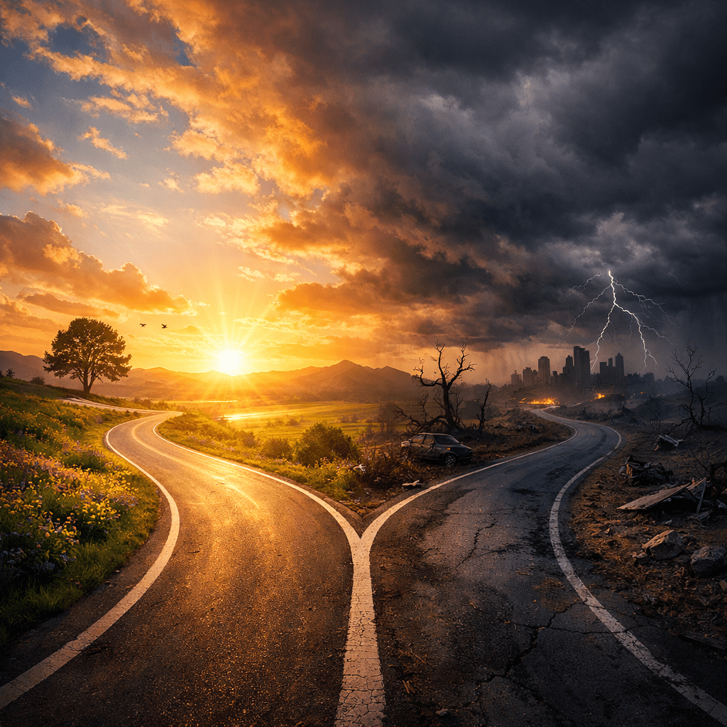 A forked road with one side leading to a sunny, flower-filled landscape and the other to a stormy city with lightning