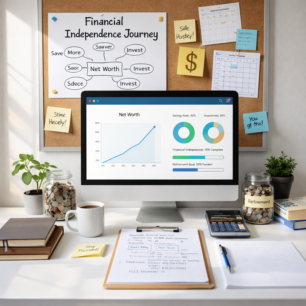 Computer screen displaying net worth graph and financial progress charts on a desk with savings jars and financial notes