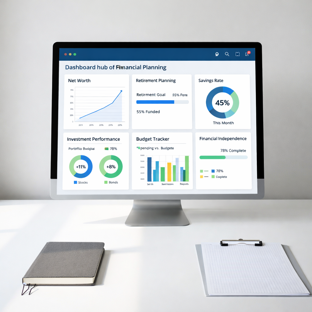 A meticulously organized financial dashboard displayed on an ultra-thin, matte-finish monitor sits on a minimalist white desk, featuring a prominent net worth line graph rising steadily over several years, colorful savings rate pie charts, and clearly labeled progress bars toward financial independence. Beside the monitor, a closed graphite-gray notebook and a tidy stack of printed spreadsheets add tactile detail. Soft, diffused daylight from the left creates subtle shadows and a refined glow across the scene. Shot straight-on at eye level with sharp focus throughout, the composition feels balanced and professional. The photographic style is clean and modern, evoking clarity, discipline, and quiet confidence in managing money with precision and long-term vision.