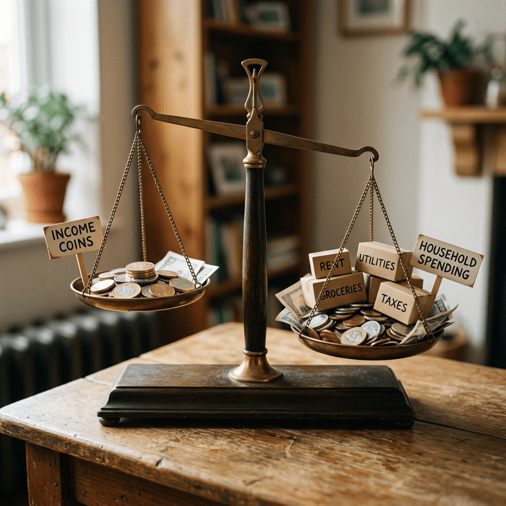 Balance scale with income coins on one side and household spending blocks labeled rent, utilities, groceries, and taxes on the other